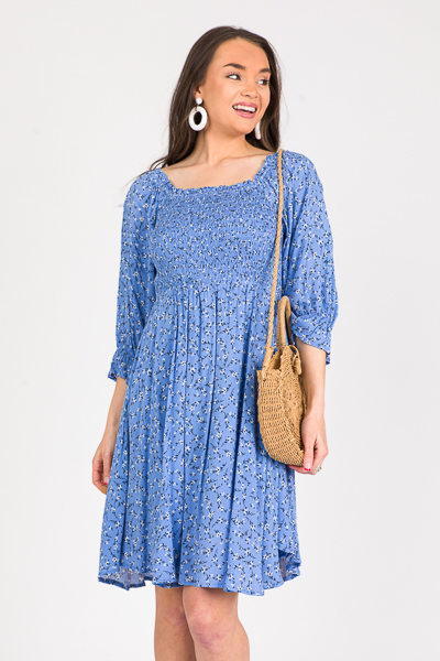 Floral Stems Smock Dress, Blue