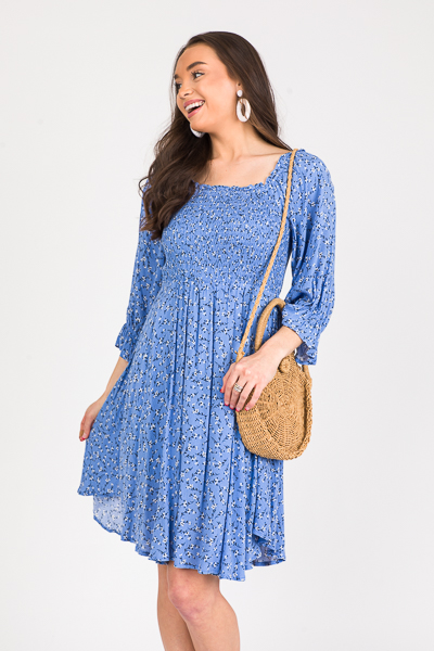 Floral Stems Smock Dress, Blue