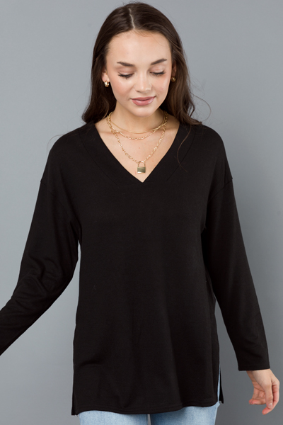 Black V-Neck Knit Top