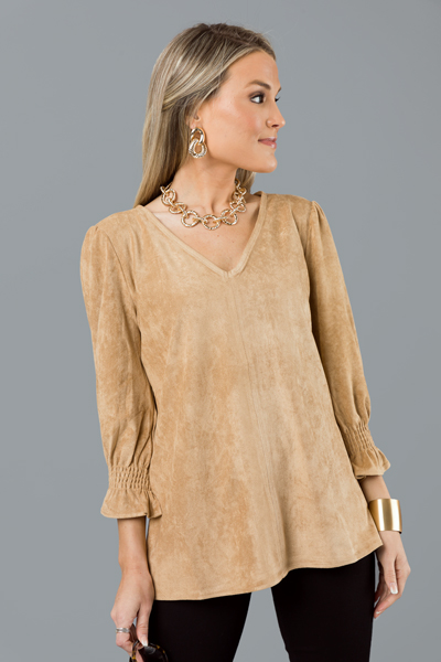 Stretchy Suede V Top, Tan