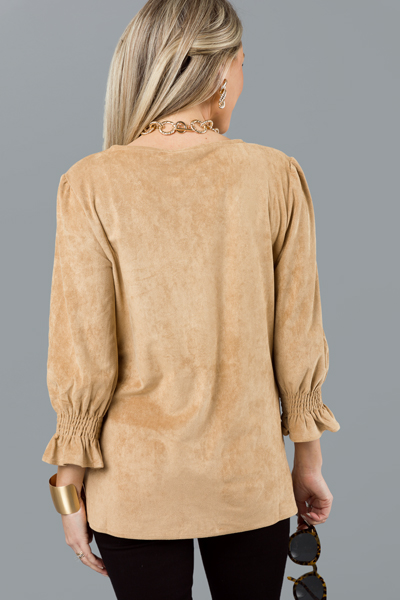 Stretchy Suede V Top, Tan