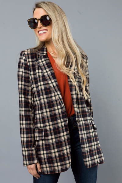 Checkered Blazer, Navy/Beige