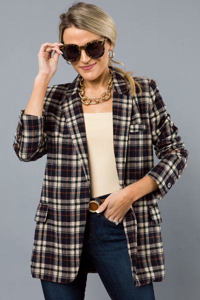 Checkered Blazer, Navy/Beige