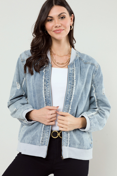 Distress Denim Bomber Jacket