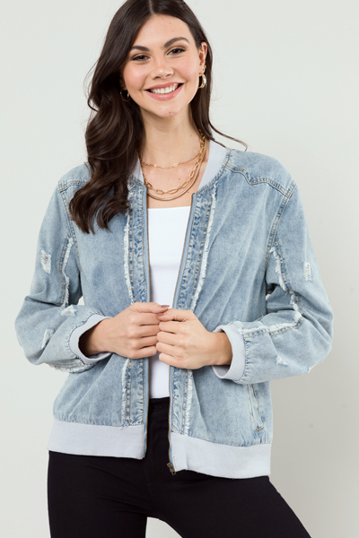 Distress Denim Bomber Jacket