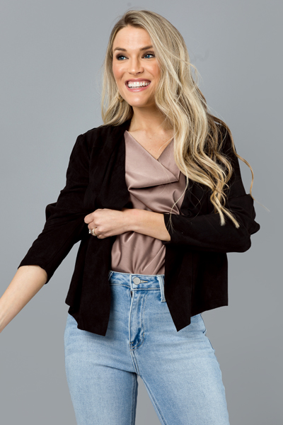 Suede Drape Front Jacket, Black
