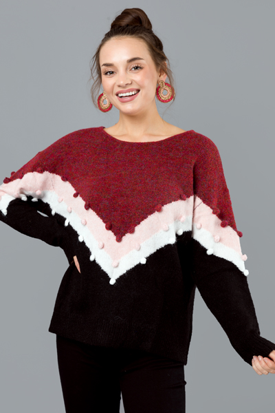 Stripe Pom Pom Sweater, Red