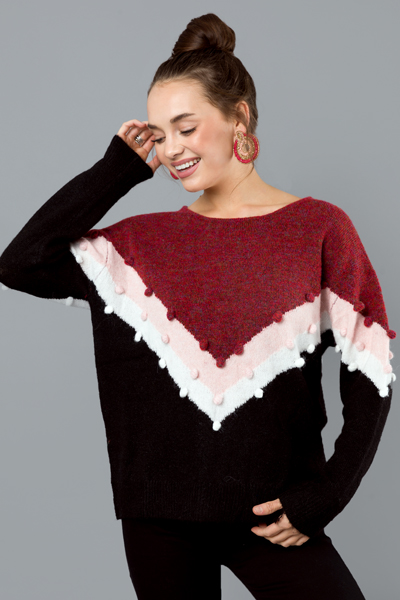 Stripe Pom Pom Sweater, Red
