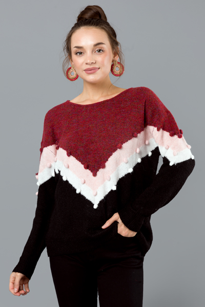 Stripe Pom Pom Sweater, Red