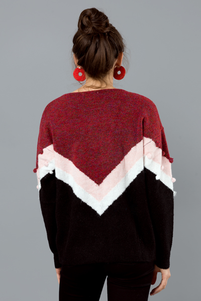 Stripe Pom Pom Sweater, Red