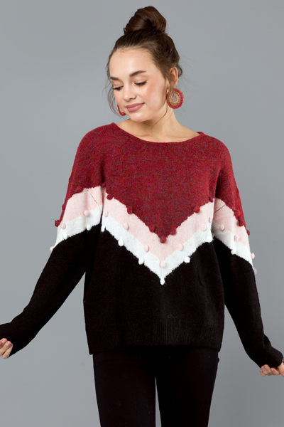 Stripe Pom Pom Sweater, Red