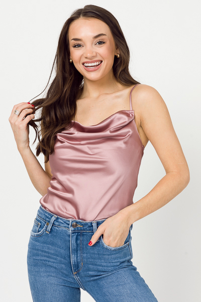 Satin Cowl Cami Bodysuit, Rose