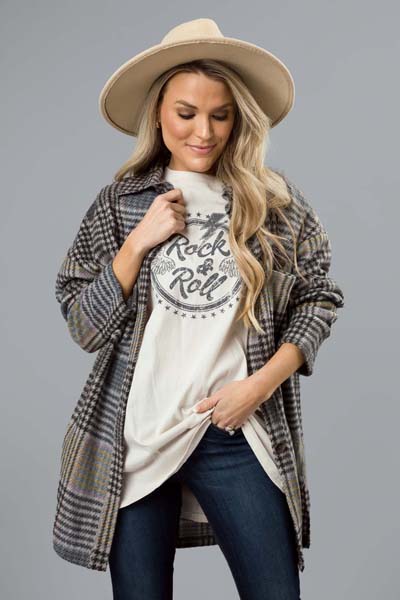 Brushed Knit Grey Plaid Shacket