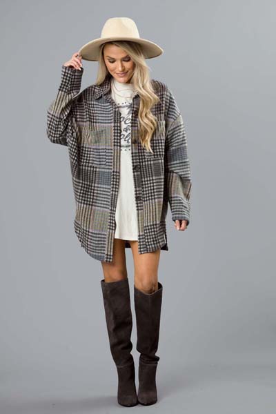 Brushed Knit Grey Plaid Shacket