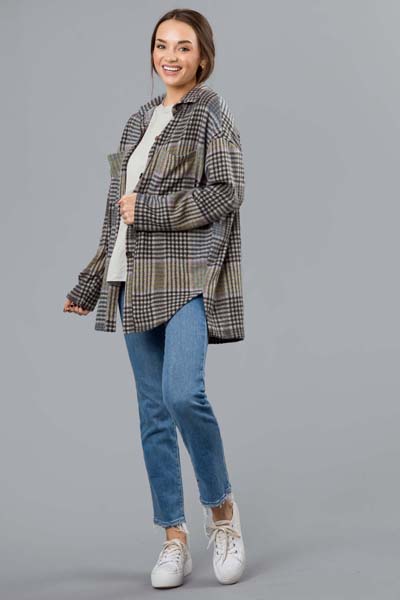 Brushed Knit Grey Plaid Shacket