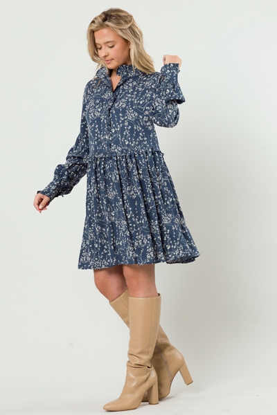 Raven Floral Dress, Dusty Blue