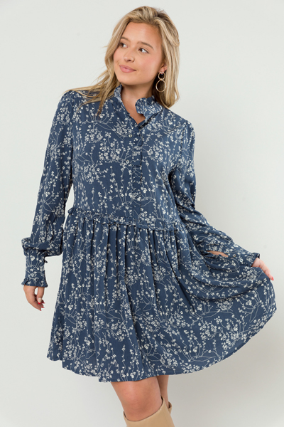 Raven Floral Dress, Dusty Blue