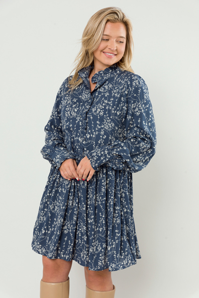 Raven Floral Dress, Dusty Blue