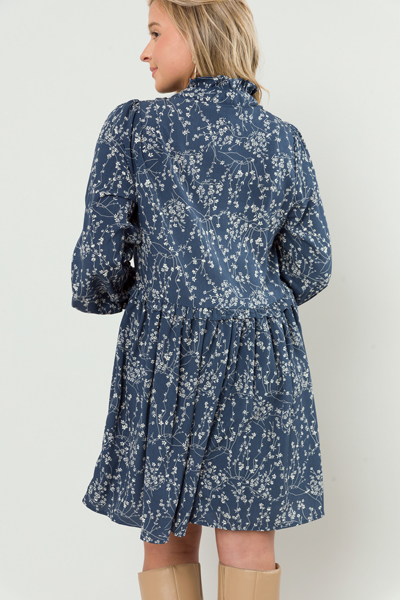 Raven Floral Dress, Dusty Blue