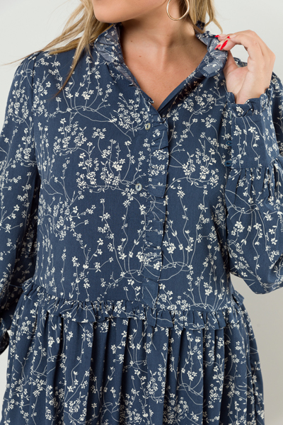 Raven Floral Dress, Dusty Blue