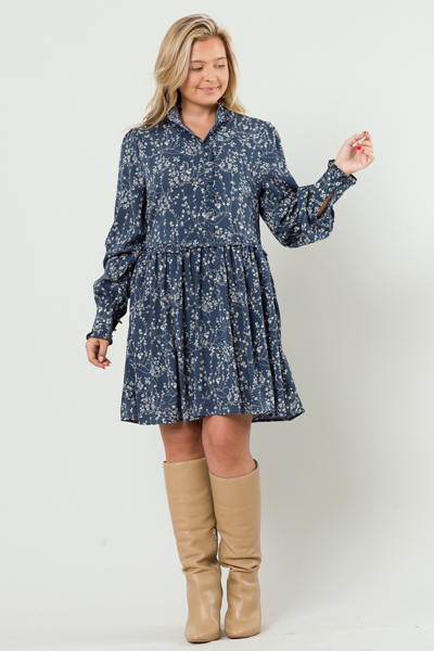 Raven Floral Dress, Dusty Blue