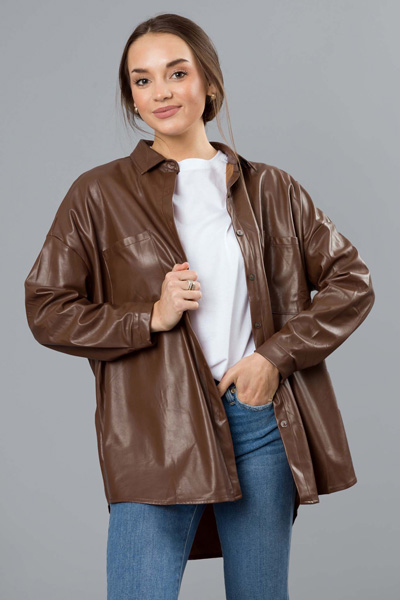 Leather Shirt Jacket, Brown