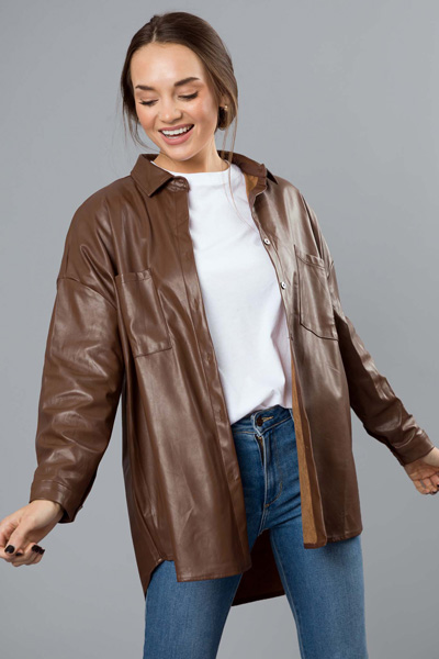 Leather Shirt Jacket, Brown