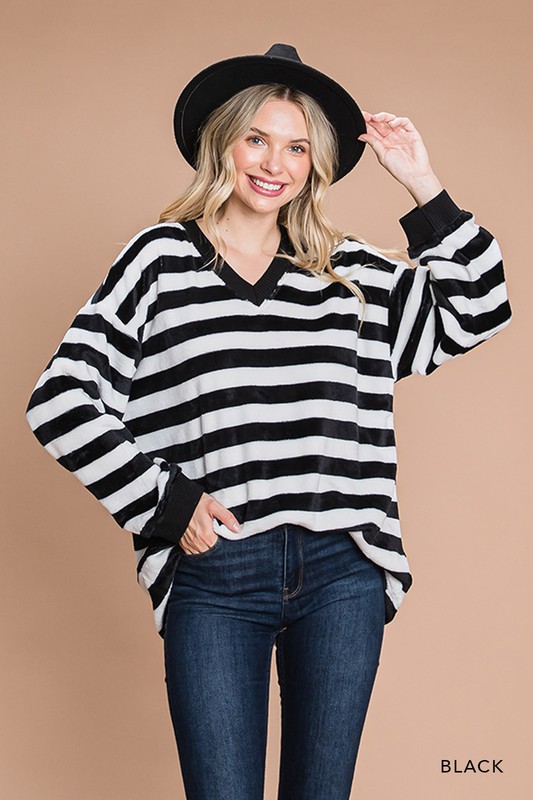 Furry Soft Stripe Pullover, Black