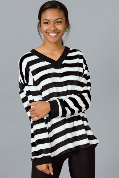 Furry Soft Stripe Pullover, Black