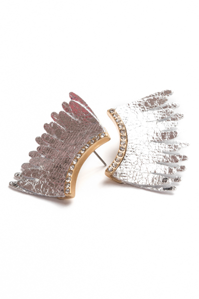 Leather Wing & Crystal Earrings, Silver