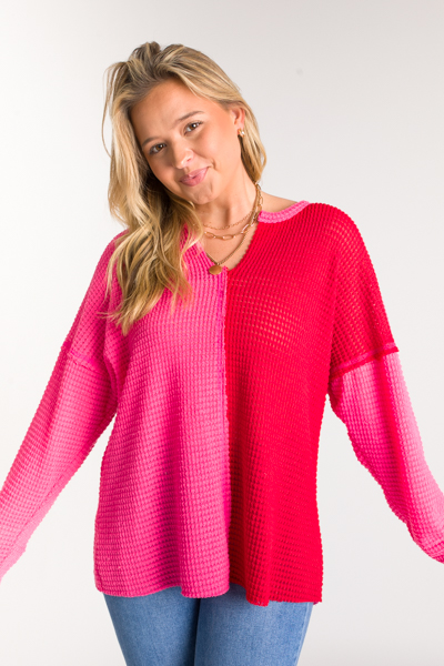 2-Tone Waffle Top, Pink/Red