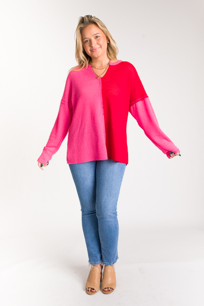 2-Tone Waffle Top, Pink/Red