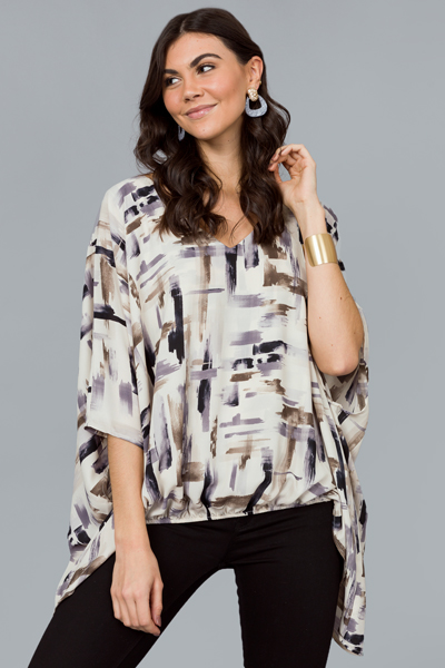 Cinch Hem Strokes Blouse, Grey