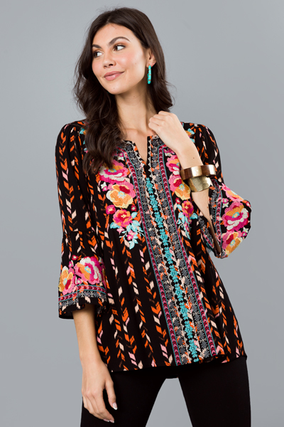 Printed Embroidery Tunic, Black