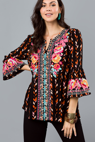 Printed Embroidery Tunic, Black