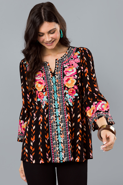 Printed Embroidery Tunic, Black