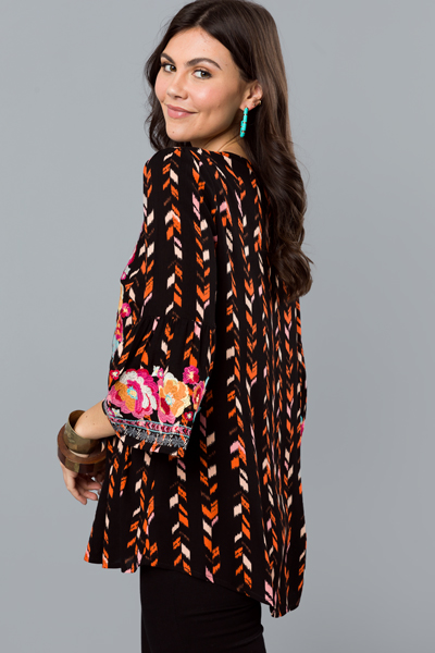 Printed Embroidery Tunic, Black