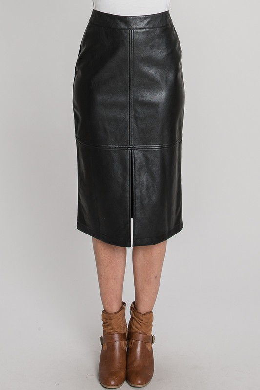 Front Slit Leather Skirt, Black