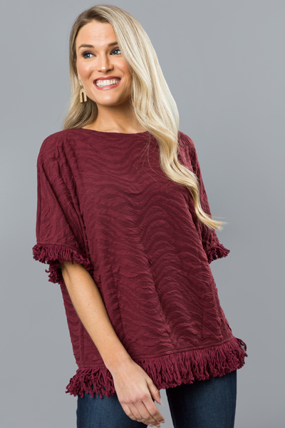 Fringe Texture Top, Burgundy