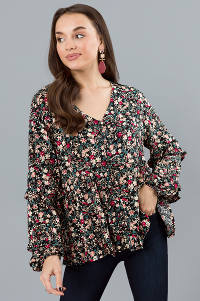 Ruffled Floral Button Top, Black