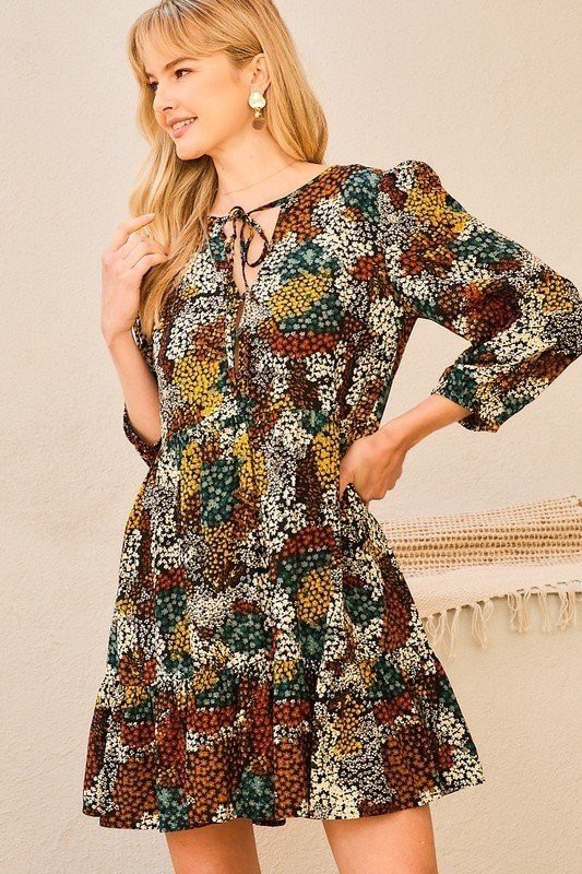 Warm Floral Loose Dress, Black