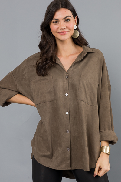 Suede Button Up Tunic, Olive