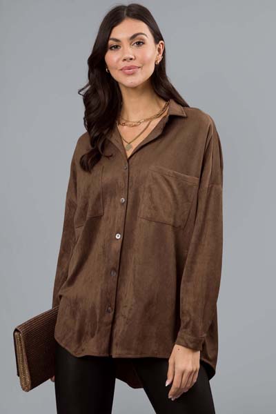 Suede Button Up Tunic, Brown