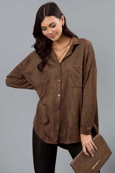 Suede Button Up Tunic, Brown