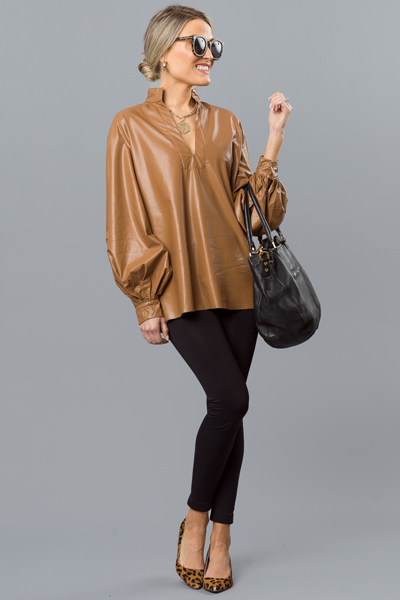 Leather V Neck Top, Camel