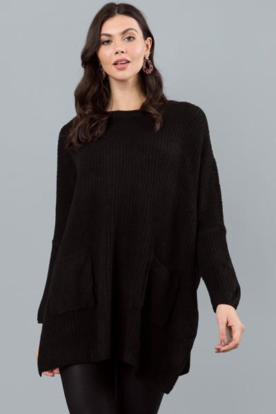 Patch Pocket Boxy Sweater, Black