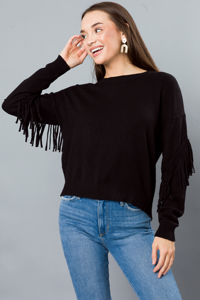 Fringe Sleeves Sweater, Black