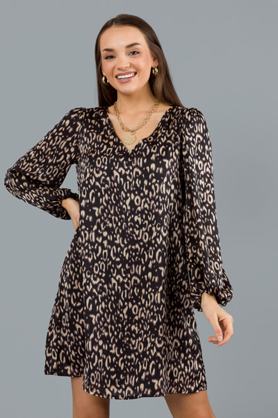 Satin Leopard Dress, Black