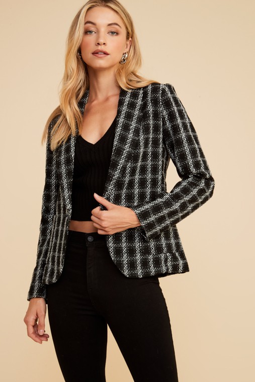 Metallic Tweed Blazer, Black/Silver