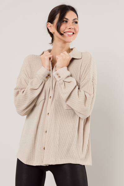 Stretchy Rib Button Up, Taupe